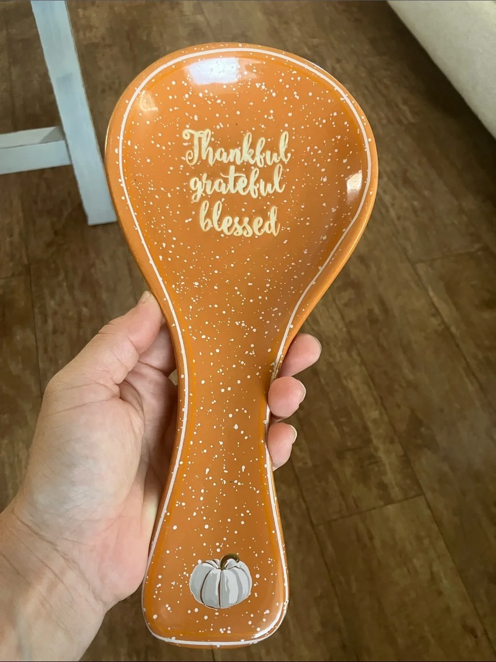 Orange Ceramic Spoon Rest with 'Thankful Grateful Blessed' Script